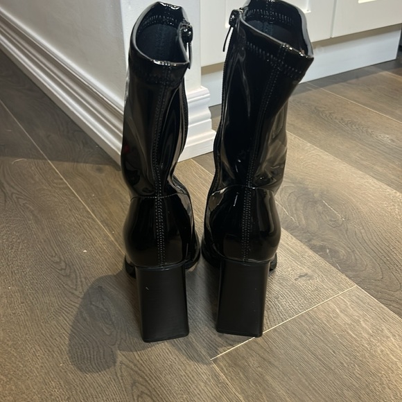 Faux Patent Leather Square Metal Toe Mid Calf Thick High Heels Go Go Boots - Picture 4 of 16